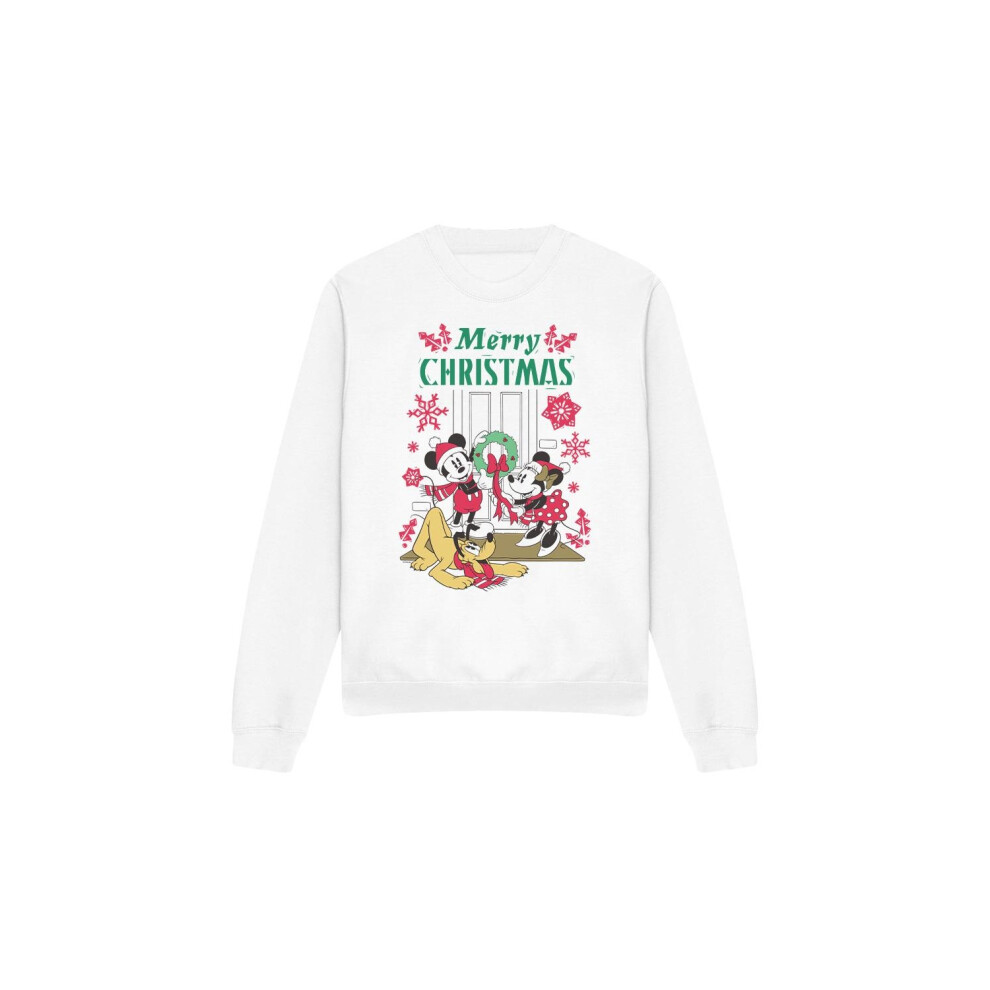 Disney (M, ) Unisex Adult Mickey & Minnie Mouse Wreath Christmas Sweatshirt White
