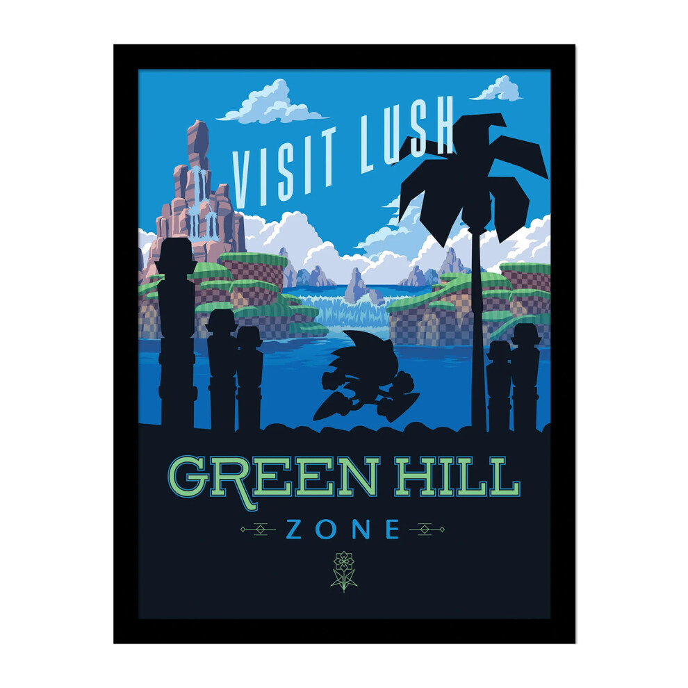 Sonic The Hedgehog Visit The Lush Hill Zone Framed Poster Green