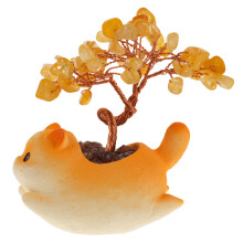 5St Gele Feng Shui Geldboom Met Resin Kat Ornament