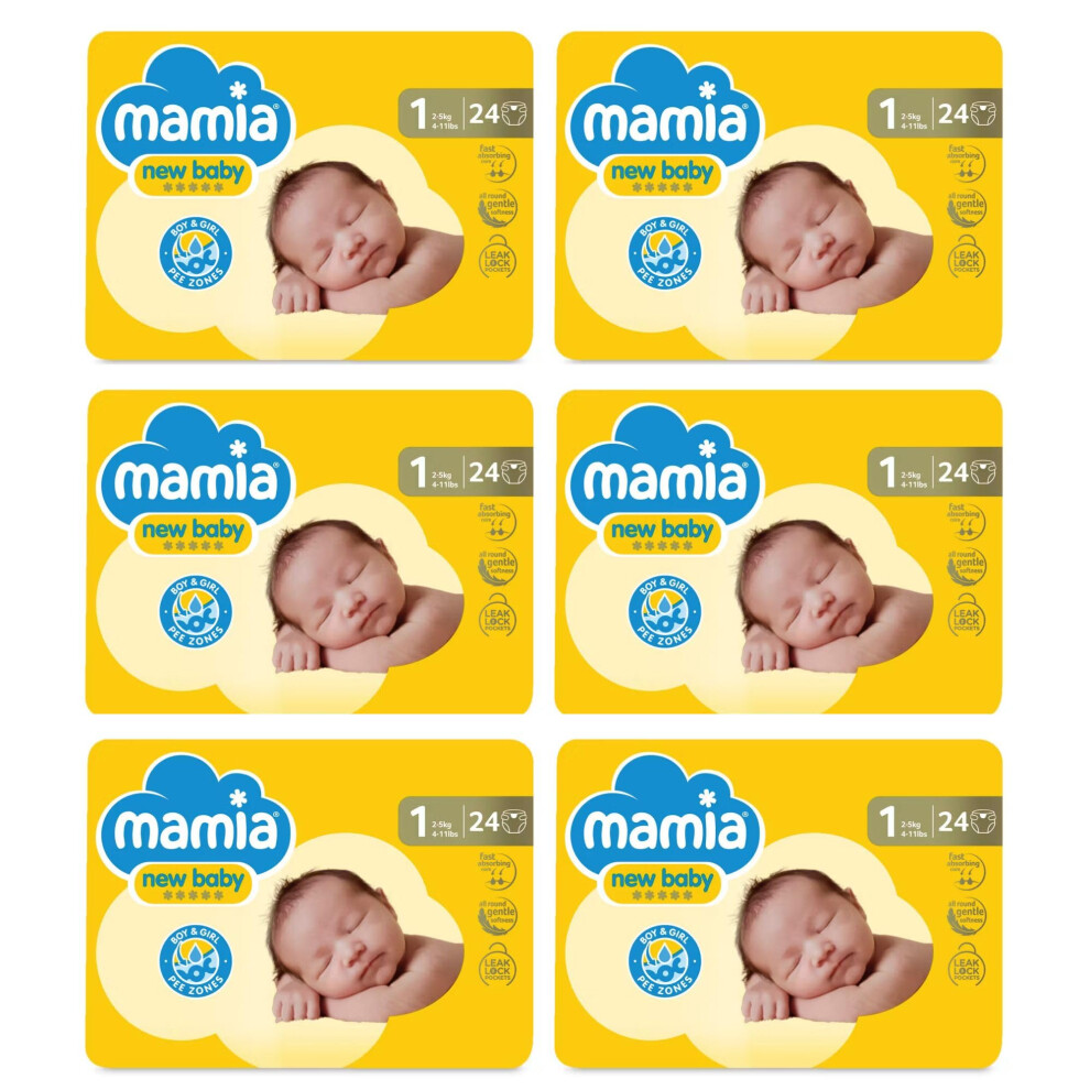 Mamia Size 1 Nappies Newborn 24 Pack, 144 Nappies (6 X 24) Aldi