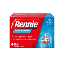Rennie Peppermint Flavour Antacid, Heartburn and Indigestion Chewable Tablets, 1 Pack of 96 Tablets - Gets to Work in 60 Seconds for Fast and Effecti