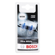 Bosch W5W (501) Ultra White Halogen Headlight Bulbs, 12 V 5 W, Modern White LED Look - Socket Type W2,1x9,5d - Pack of 2 Replacement Car Light Bulbs