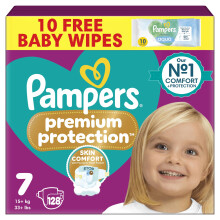 Pampers Premium Protection Size 7, 128 Baby Nappies, 15kg+, Monthly Pack + Pampe