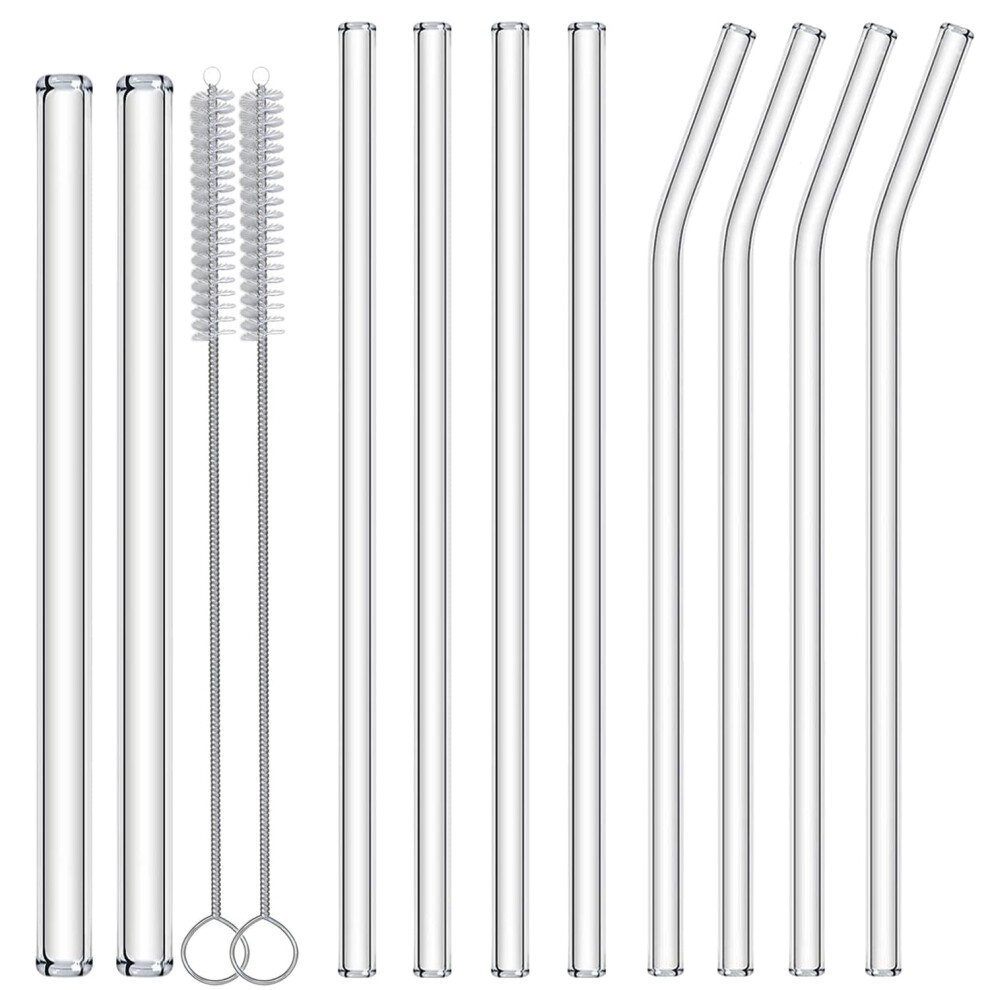 Nafender Reusable Glass Straws 10-Pack Drinking Straw 4 Bent + 4 Straight + 2 Wider Smoothie Straws With 2 Cleaning Brushes