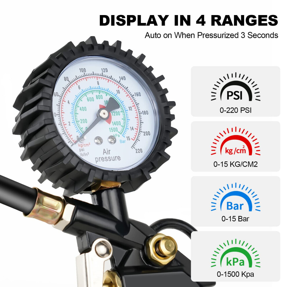 Vsshe Tyre Pressure Gauge, 220 Psi Tyre Inflator, With Rubber Hose, 5000440863185