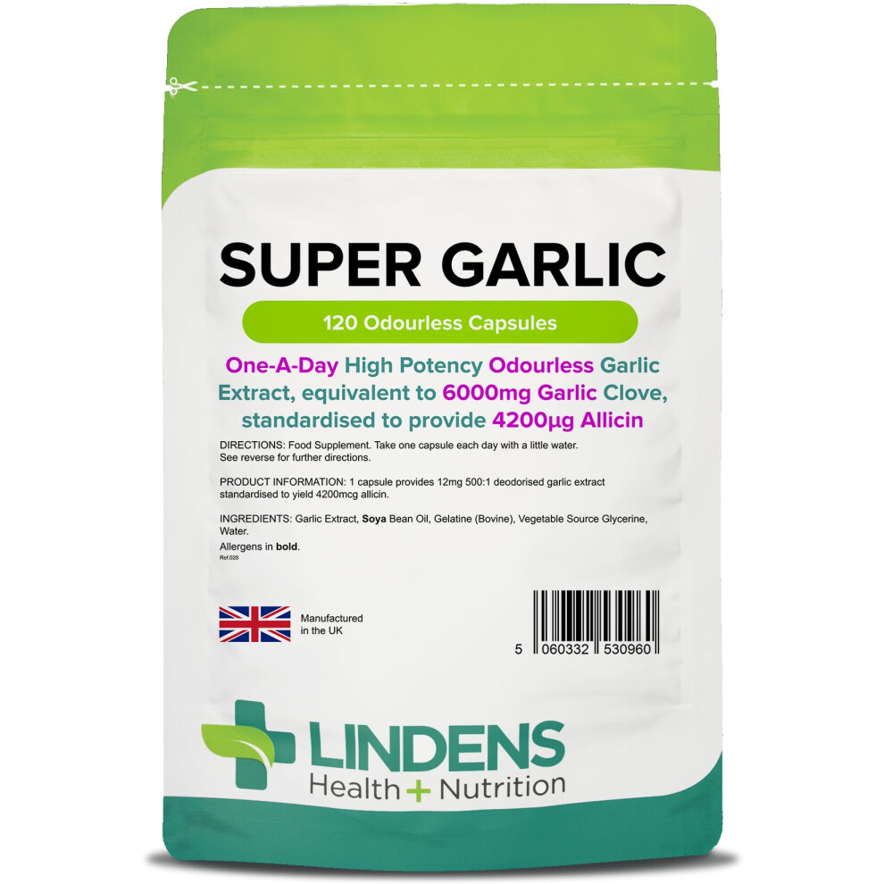 Lindens - Super Garlic 6000Mg High Strength - 120 '1-A-Day' Capsules - Uk Made - High Potency Odourless Garlic Extract - Equivalent To 6000Mg Garlic