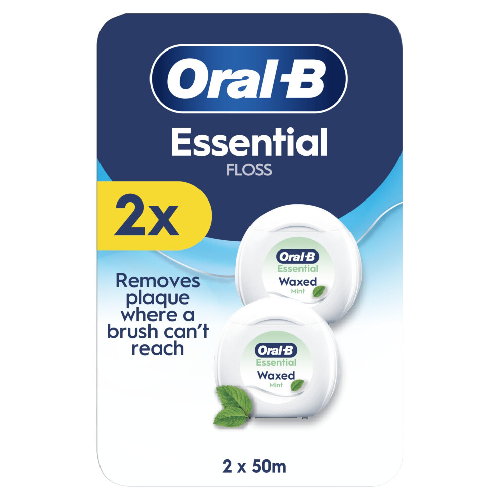 Oral-B Essential Floss - Removes Plaque - Waxed Dental Floss For Tight Spaces - Shred-Resistant - Mint - 2X50m Roll
