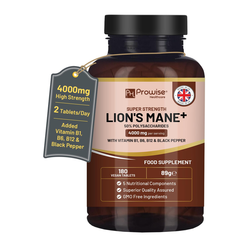 Ph Prowise Healthcare Black Lions Mane Mushroom Supplement 4000Mg With Vitamin B1, B6, B12 & Pepper - 180 Super Strength Vegan Tablets With 50% Polysaccharides (Not Powder