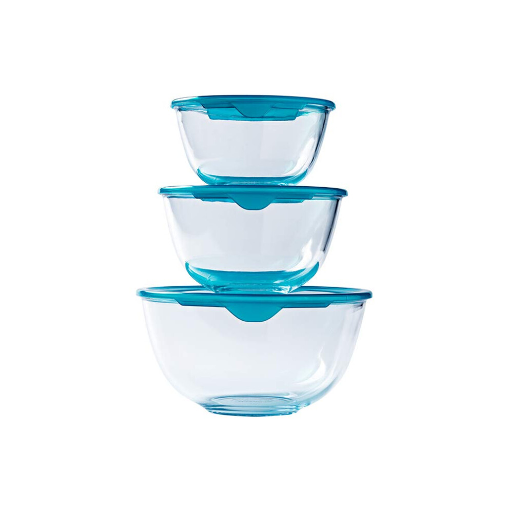 Pyrex Prep Store Set Of 3 Heavy Duty Glass Bowls With Lids 05L 1L 2L