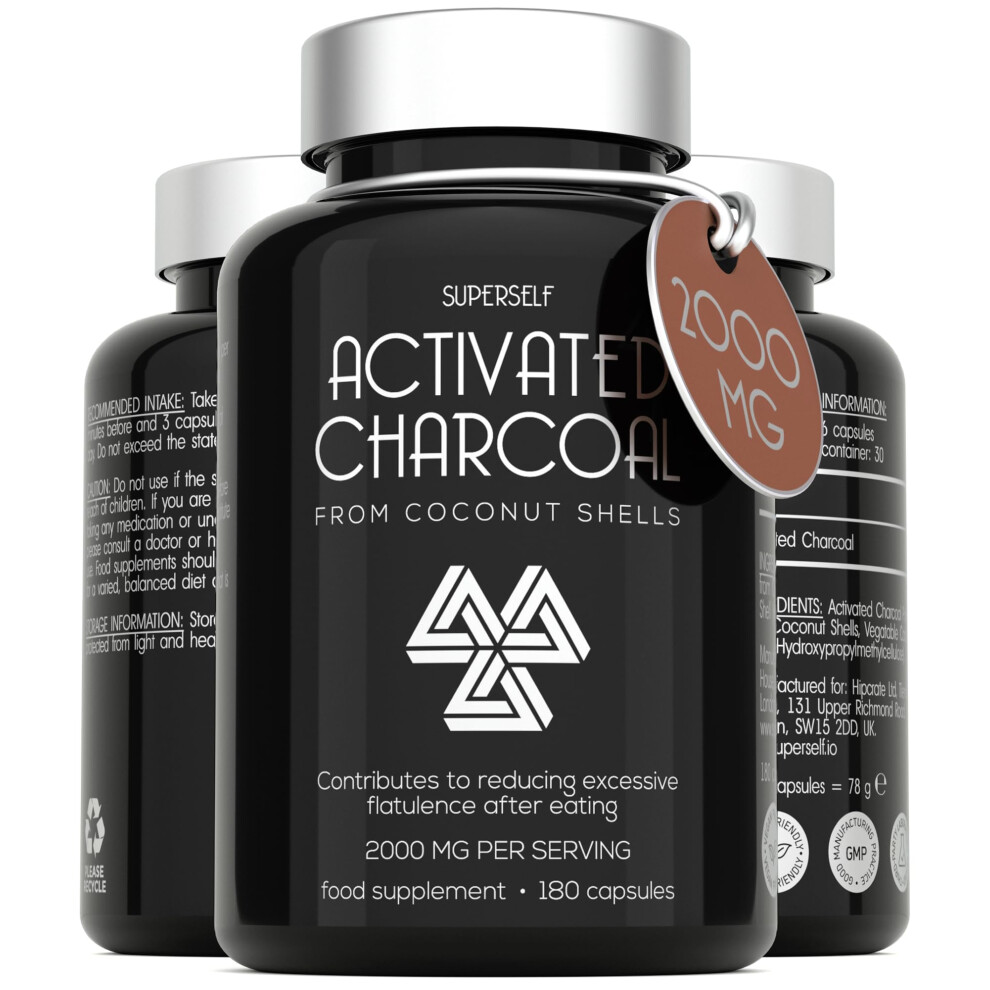 Superself Activated Charcoal Tablets 2000Mg - Activated Charcoal Capsules For Flatulence - 180 Capsules - 100% Pure Charcoal From Coconut Sh