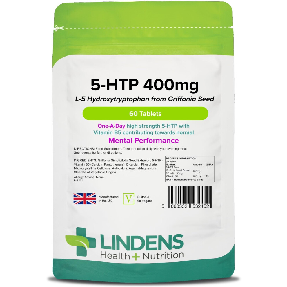 Lindens - 5 Htp 400Mg, 60 Tablets - 1-A-Day, Uk Made - 50Mg Griffonia Simplicifolia Seed Extract 8:1, With Vitamin B5 - Mental Per
