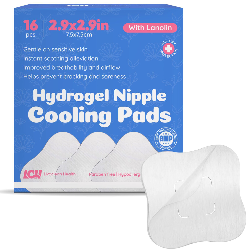 Livaclean Health 16Ct Hydrogel Nipple Pads For Breastfeeding With Lanolin - Cooling Sore Nipple Gel Soothing Pads - Breast Feeding Essentials For Moms By Livaclean He