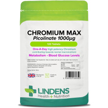 Lindens Chromium Max 1000mcg Picolinate - 120 Tablets | Detox, Metabolism, Blood Glucose, | Mega Potency (2500% NRV) | 4 Months Supply, UK Manufactur