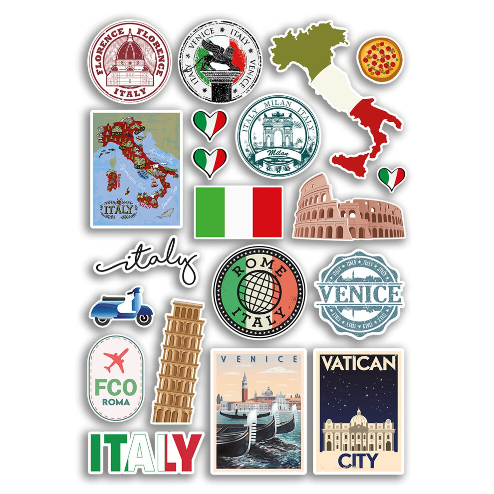 A4 Sticker Sheet Italy Vinyl Stickers - Rome Venice Italian Landmarks City Beach Flag Map Holiday Suitcase Luggage Scrapbook Culture Travel #78878 5051226432354