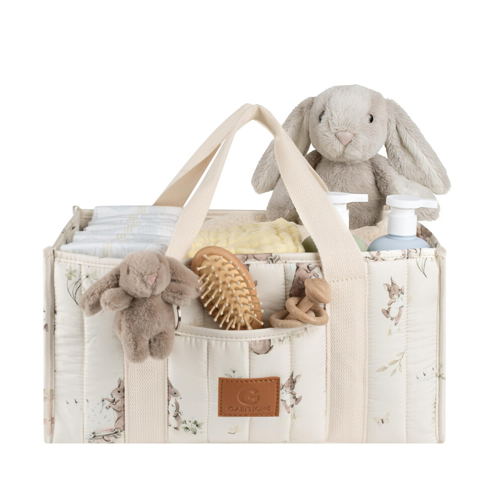 Nappy Caddy Organiser With Soft Bunny Charm, Vintage Bunny Classic Storybook Fabric Design In Neutral Colours For Boys And Girls, Perfect Gabi Store