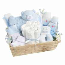 Baby Boy Hamper Gift – Baby Newborn Essentials Teddy Comforter Rattle Bib Socks with Gentle Baby Bath and Shampoo Newborn Baby Boy Gifts Basket for