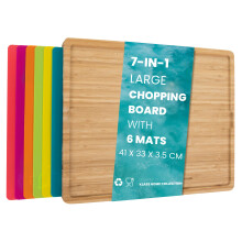 Klass Home Collection 7 in 1 Large Wooden Chopping Board Set with 6 Coloure