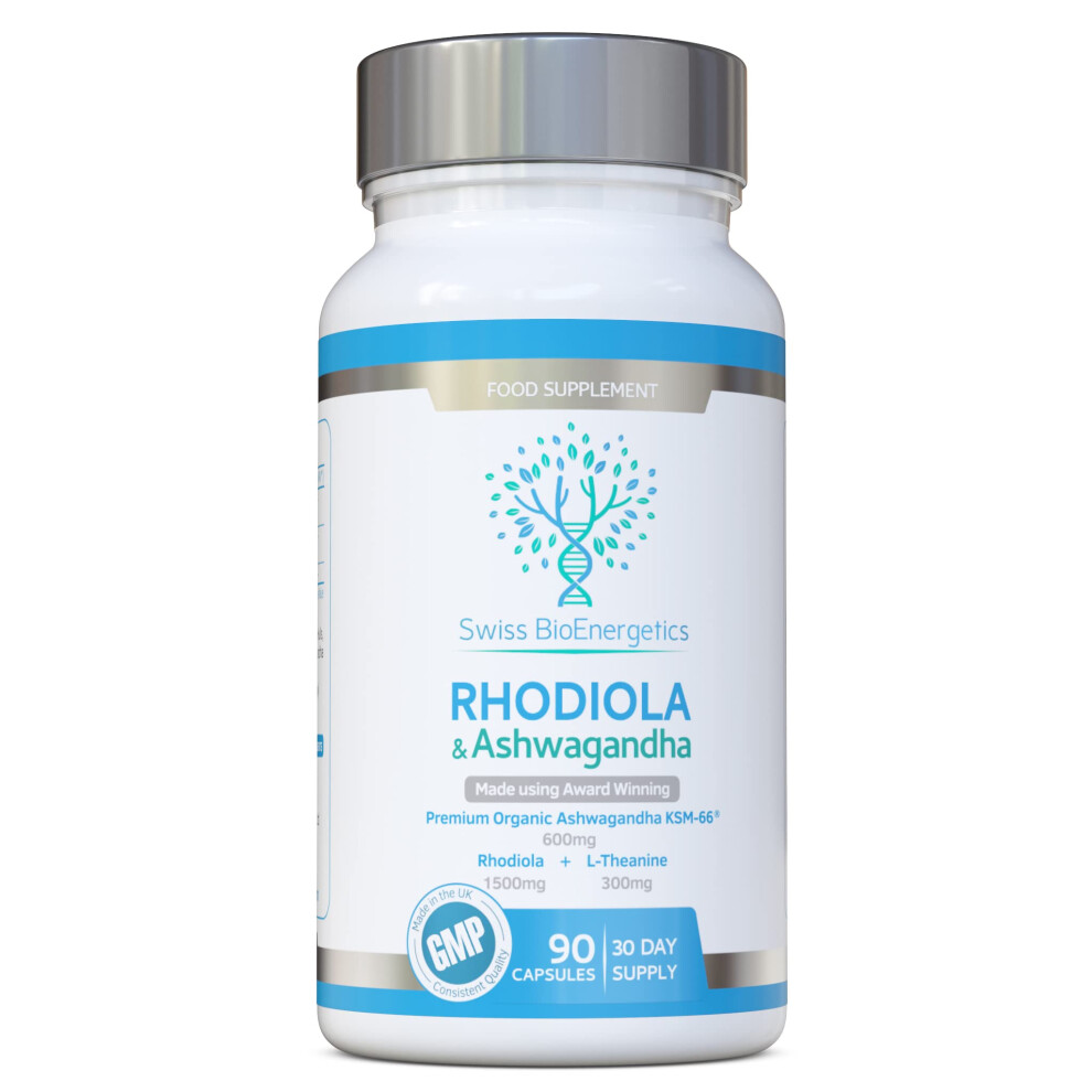 Swiss Bioenergetics Rhodiola & Ashwagandha With L-Theanine - Award Winning Ashwagandha Ksm-66 600Mg & 1500Mg Rhodiola - Whole Root Equivalent- Adaptogen Combo- No Artifi