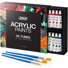 ZENO Acrylic Paint Set of 24 Colour Tubes with 3 Paint Brushes For Canvas