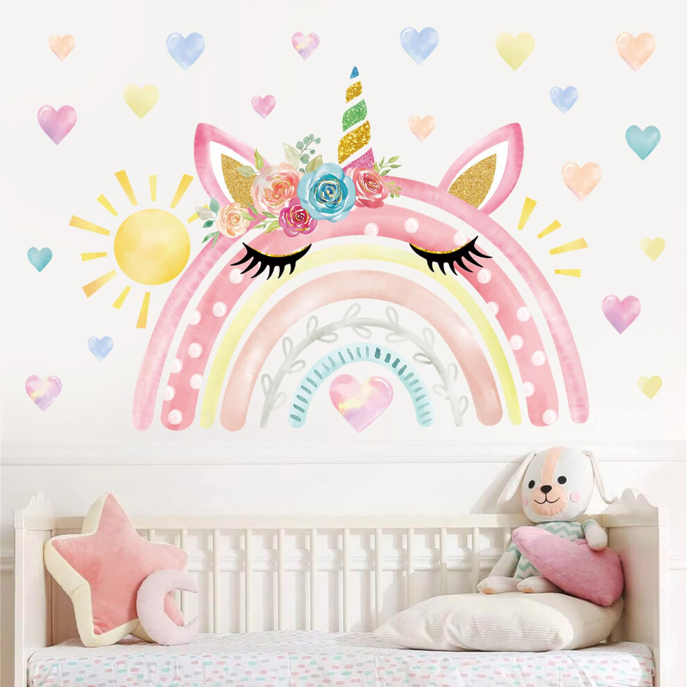 Watercolor Large Rainbow Wall Stickers Unicorn Rainbow Hearts Sun Peel And Stick Wall Art Decals For Girls Bedroom Baby Nursery Kids Bedroom Wondever
