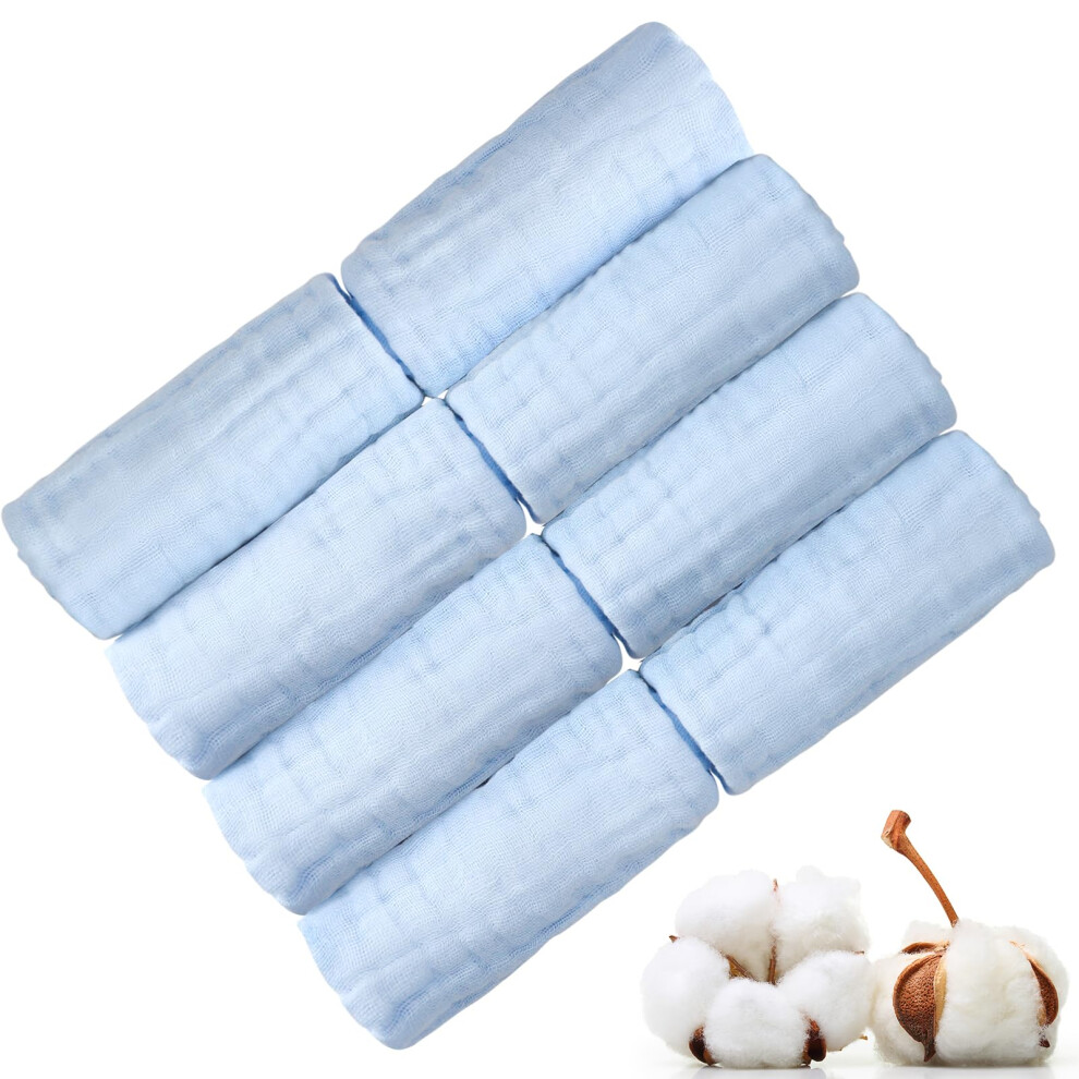 Gsrenyu 8 Pack Muslin Cloths For Baby,25X25cm Muslin Squares Soft Blue Cotton Burp Cloths Reusable Baby Wash Cloths, 6 Layers Cott