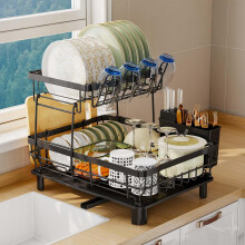 2 Tier Dish Drainer Rack for Kitchen with Drip Tray, Sink Drainer with 360 Swivel Drainage Spout, Dish Drying with Cups, Utensil