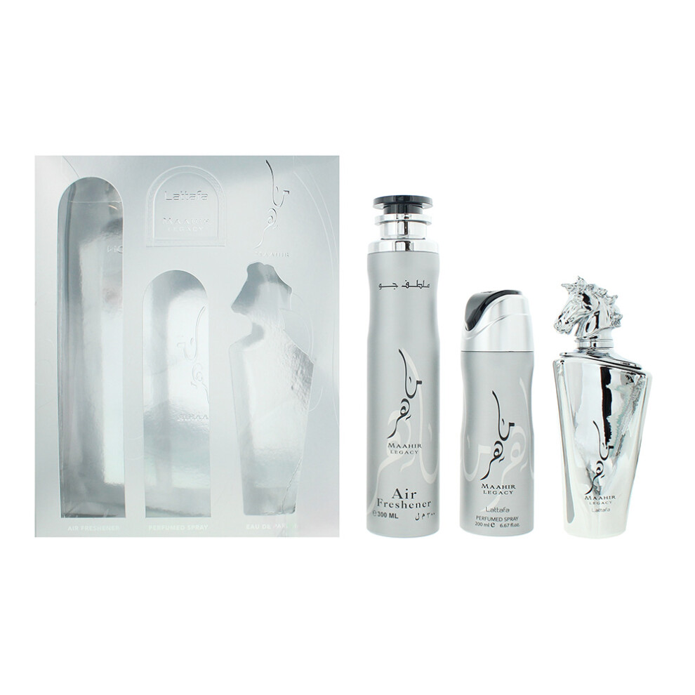 Lattafa Maahir Legacy 100Ml Eau De Parfum Gift Set 200Ml Deodorant Spray, 300Ml Air Freshener 300Ml For Him