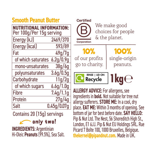 Pip & Nut Smooth Peanut Butter, 1kg, Natural 2