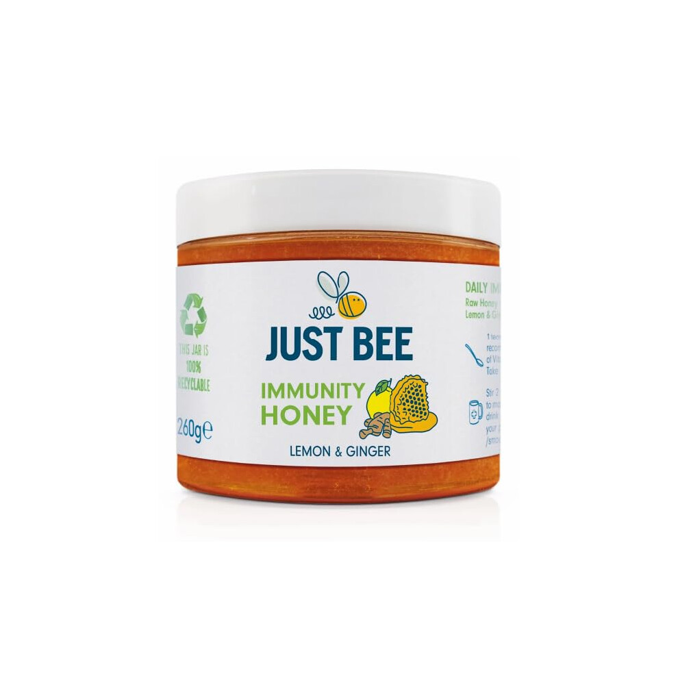 Just Bee Lemon & Ginger Immunity Honey (260G) | Pure Natural Honey With Vitamin D, C, B6, B12 And Echinacea | Raw And Unpasteurised | Vitamin Rich |