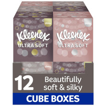 Kleenex Ultra Soft Facial Tissues - Pack of 12 Cube Tissue Boxes - Our Softest Tissue - Supremely Soft and Silky Designed with Luxury in Mind