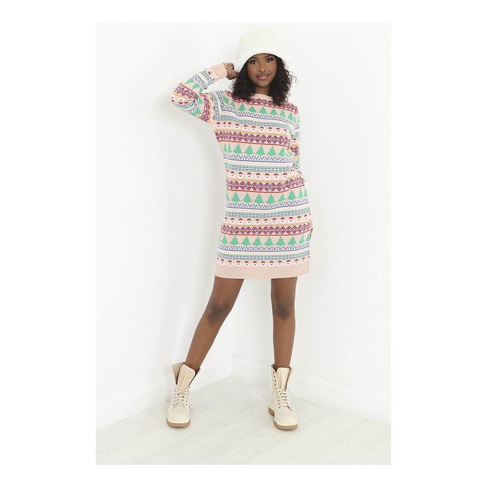 Brave Soul (S, Pink/Multi) Womens/Ladies Fairisle Christmas Dress
