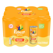 Rubicon Spring 12 Pack Orange Mango, Sparkling Spring Water with Real Fruit Juice & Natural Flavours, Only 9 Calories - 12 x 330ml Multipack Cans