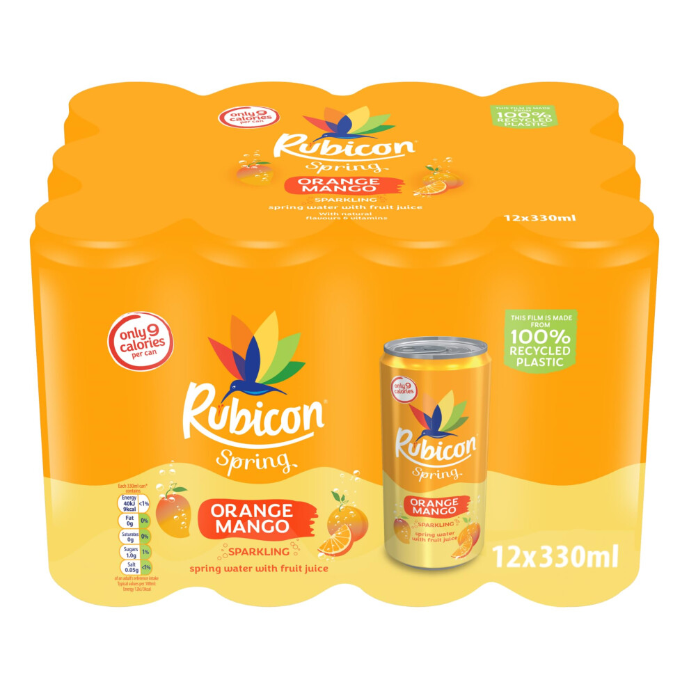 Rubicon Spring 12 Pack Mango, Sparkling Spring Water With Real Fruit Juice & Natural Flavours, Only 9 Calories - 12 X 330Ml Multipack Cans Orange
