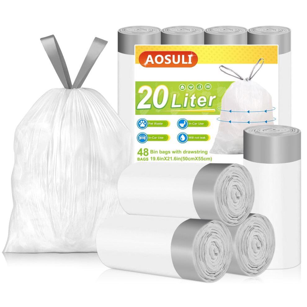 Aosuli White Bin Bags 20L With Drawstring Tie Handle, Bin Liners/Strong Trash Bags