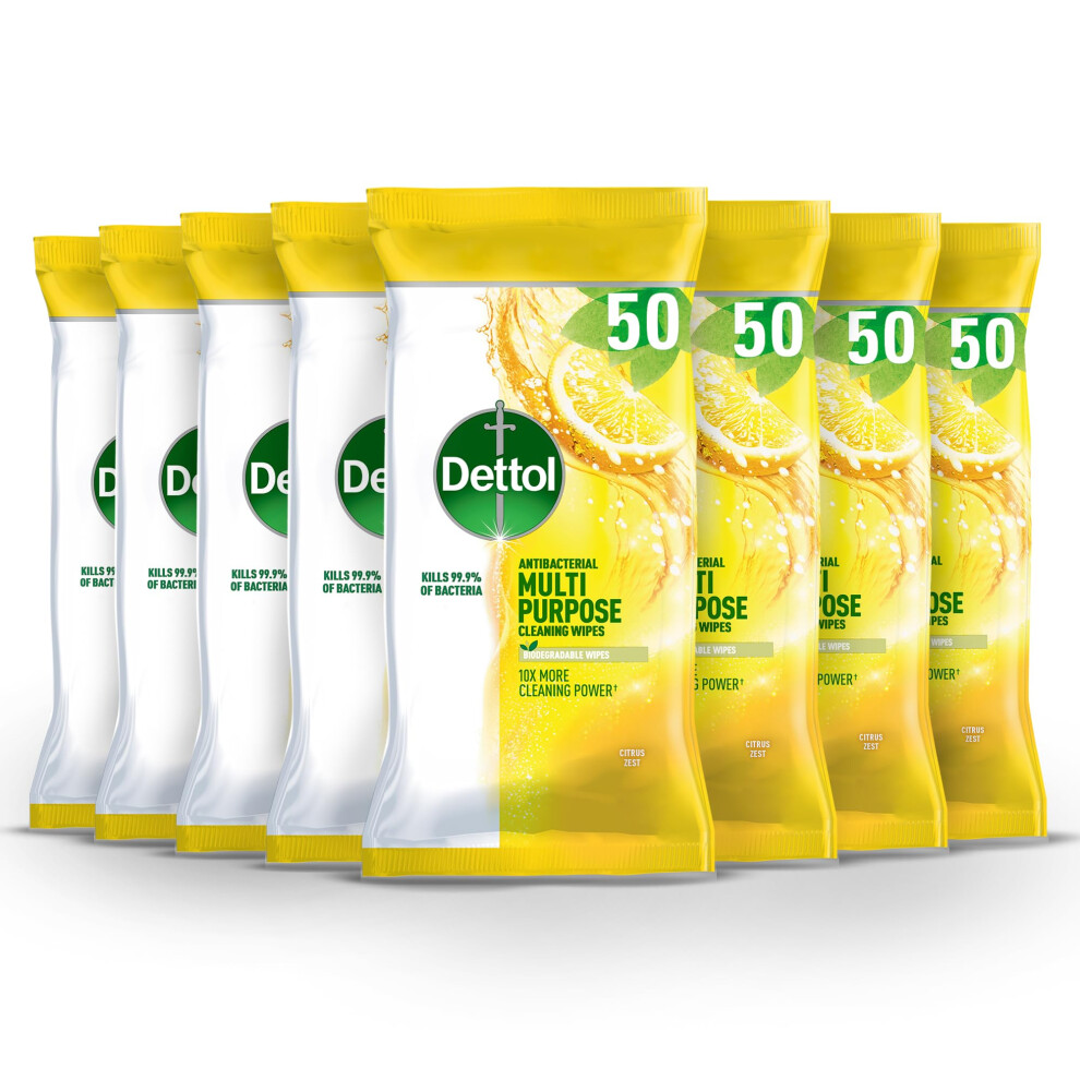 Dettol Antibacterial Wipes, Citrus, Total Of 400 Wipes (8 Packs X 50), Biodegradable Wipes, Cleaning Wipes, Disinfectant Wipes, Surface Wipes, Antiba