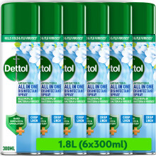 Dettol, Antibacterial Spray, Crisp Linen, 1.8L (300ml x 6pck) Disinfectant, Household Sanitiser, Hard Surfaces, Upholstery cleaner, No Wiping, Kills
