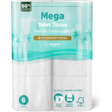 by Amazon Mega Toilet Roll, 3 ply, 6 Rolls, with Coconut Scent, 1 Packs of 6 Rolls, 330 Sheets per Roll