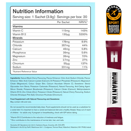 Humantra Electrolyte Packets | Zero Sugar | W/ 6 Electrolytes | Electrolytes Powder (20 Count, Black Cherry) 1