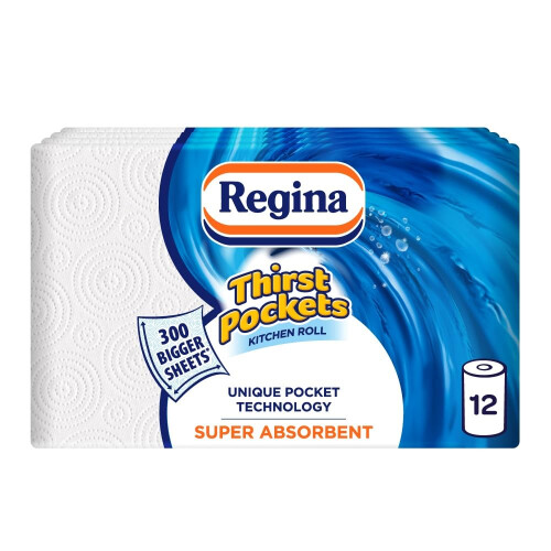 Regina Regina Thirst Pockets Kitchen Roll  12 Rolls 1200 Super Absorbent Sheets Un