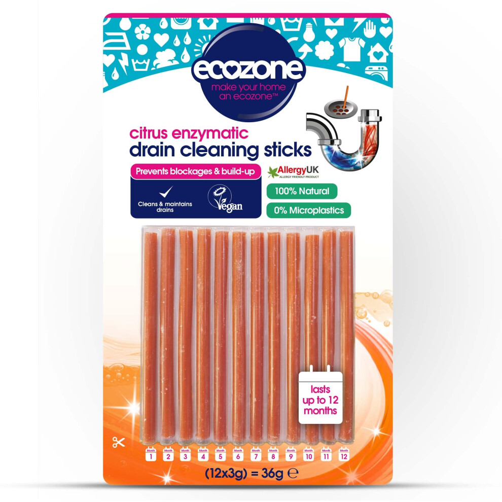 Ecozone Drain Cleaning Sticks, Enzymatic Pipe Unblocker, Prevents Plug Hole Obstructions & Keeps Water Flowing Freely, Natural Vegan & Non Toxic Kitc