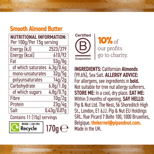 Pip & Nut Smooth Almond Butter, 170g 1
