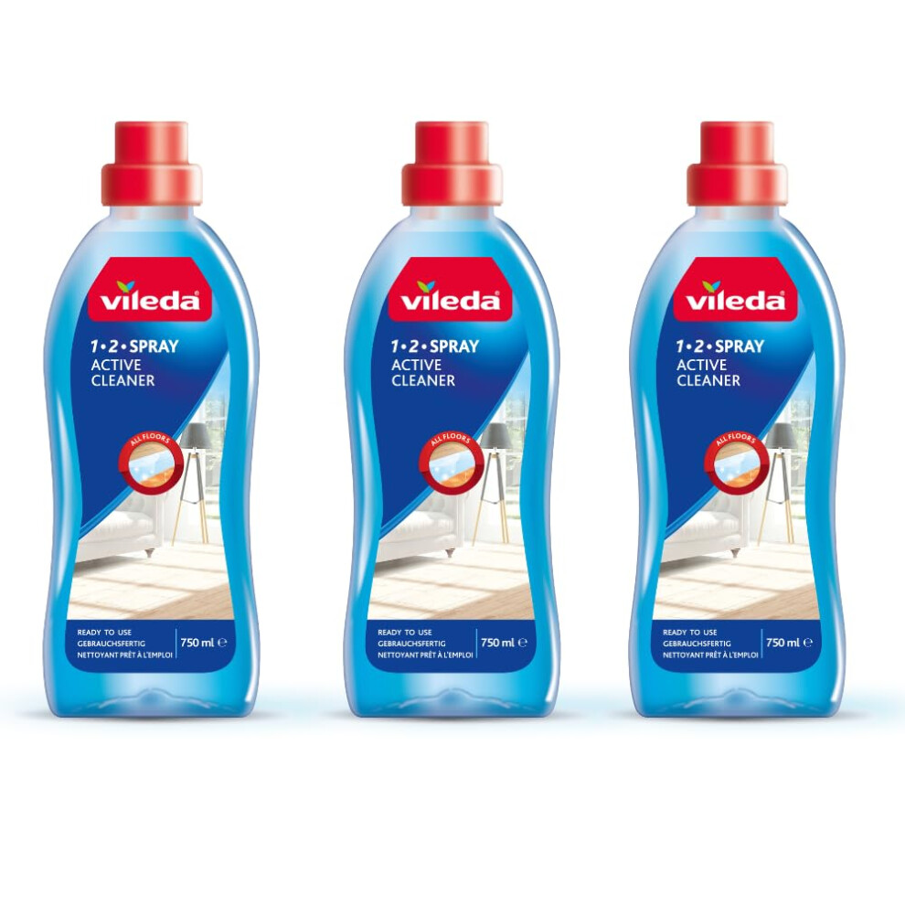Vileda 1-2 Spray Active Cleaner, Diluted Cleaning Liquid For 1-2 Spray Mop, Pack Of 3 750Ml, Streak Free Cleaning Solution For Floors, Fresh Scent