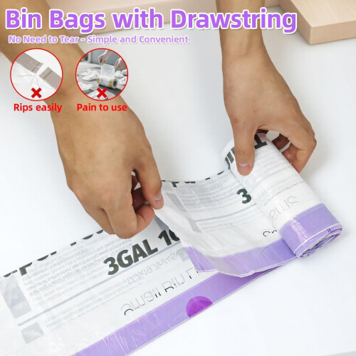 OKKEAI 10l Bin Liners 64 Drawstring Bin Bags for Bathroom/Bedroom 1