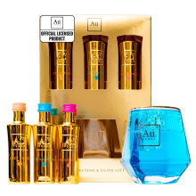 Au Vodka Gift Set - Blue Raspberry, Juicy Peach & Pink Lemonade Flavoured Vodka 5cl Mini & Diamond Cut Gold Glass - Official Licen