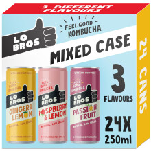 Lo Bros Kombucha - Mixed Pack with 3 Flavours - Sparkling Refreshing Soft Drink with Natural Ingredients and Live Cultures, Supports Gut Health, Low