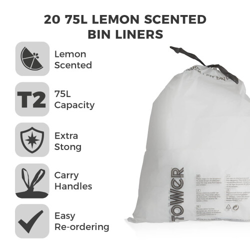 Tower Tower 75L Lemon Scented Bin Liners 20 Pack White