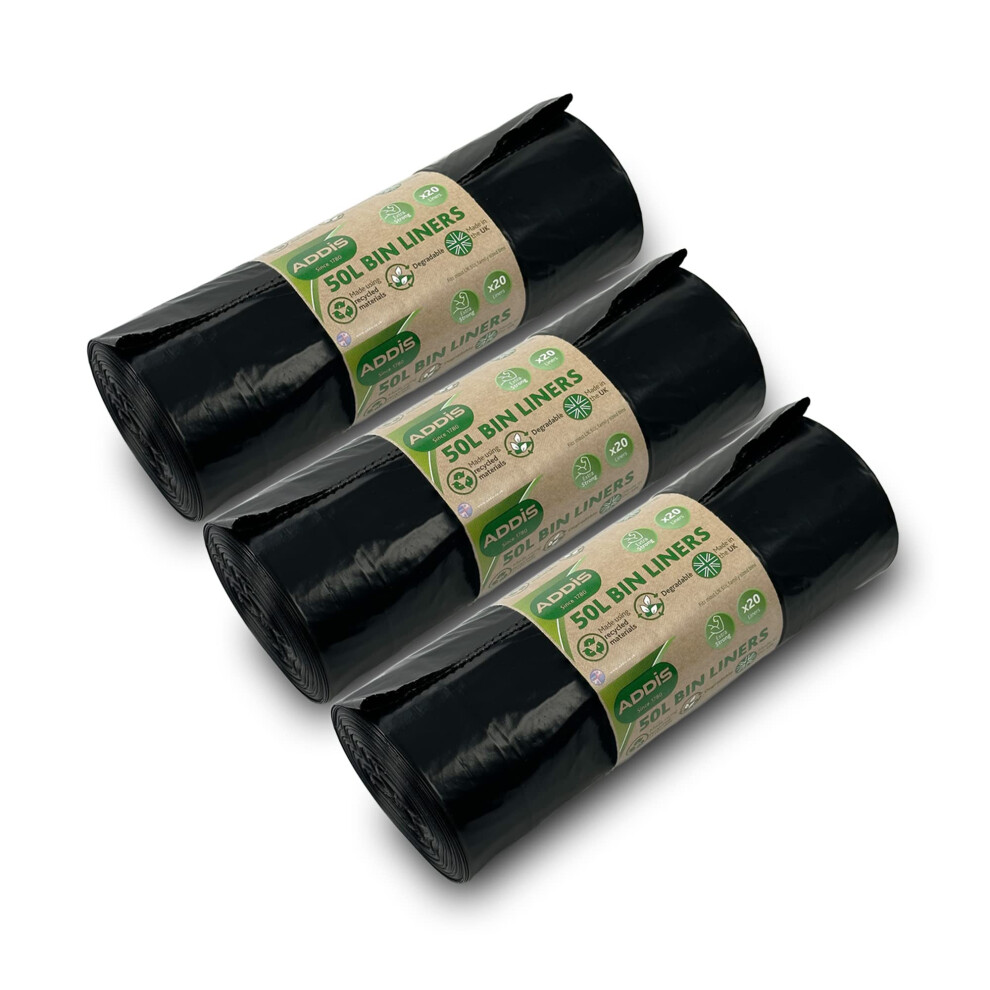 Addis 50 Litre Kitchen Waste Trash Degradable Bin Liners Strong, Bulk 3X 20 Roll Packs, Total 60 Liners, New Recycled Black