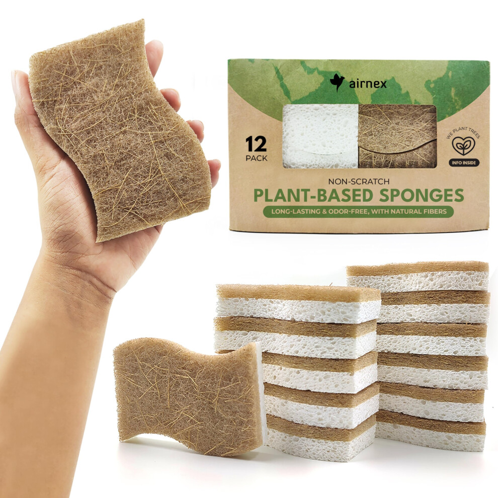 Airnex Biodegradable Eco Sponge - Cellulose And Coconut Husk Scourer Kitchen Sponges - Pack Of 12 Eco Friendly Washing Up Sponges 5051227001481