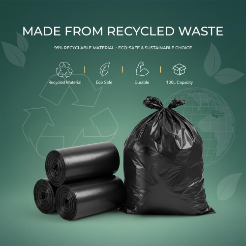50 Pack Black Bin Bags, 100l, 33 Microns, Leak - Resistant, Eco 2