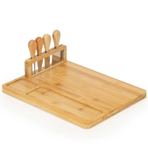 Tábua de queijo em bambu 35x28 cm com facas e prato com garfo para servir petiscos e charcutaria 1